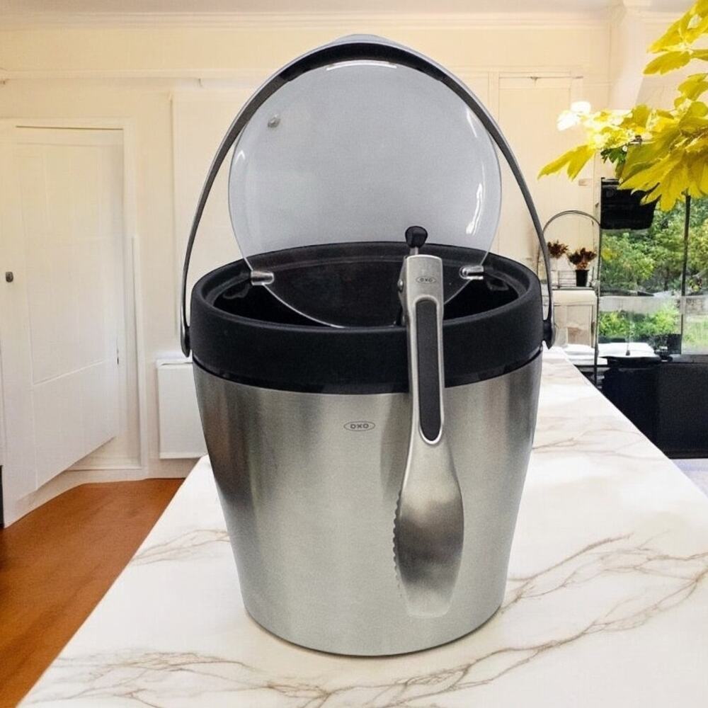 OXO Stainless Steel Ice Bucket & Tong Hinged Lid Handle 4 Quart